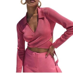 Cult Gaia- Blossom Pink Collared Longsleeve Tory Knit Polo Wrap Top